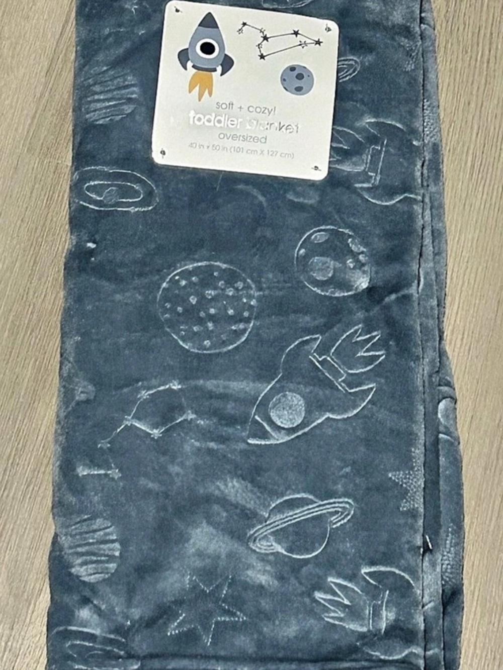 NWT Enchante Space Rocket Plush Toddler Blanket Embossed Blue Throw